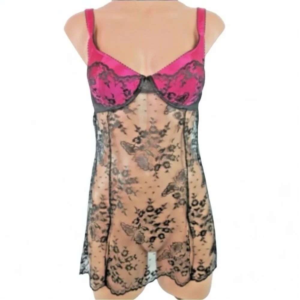 Sexy Sheer Black Lace & Hot Pink Lingerie Babydoll 36C New Without Tags